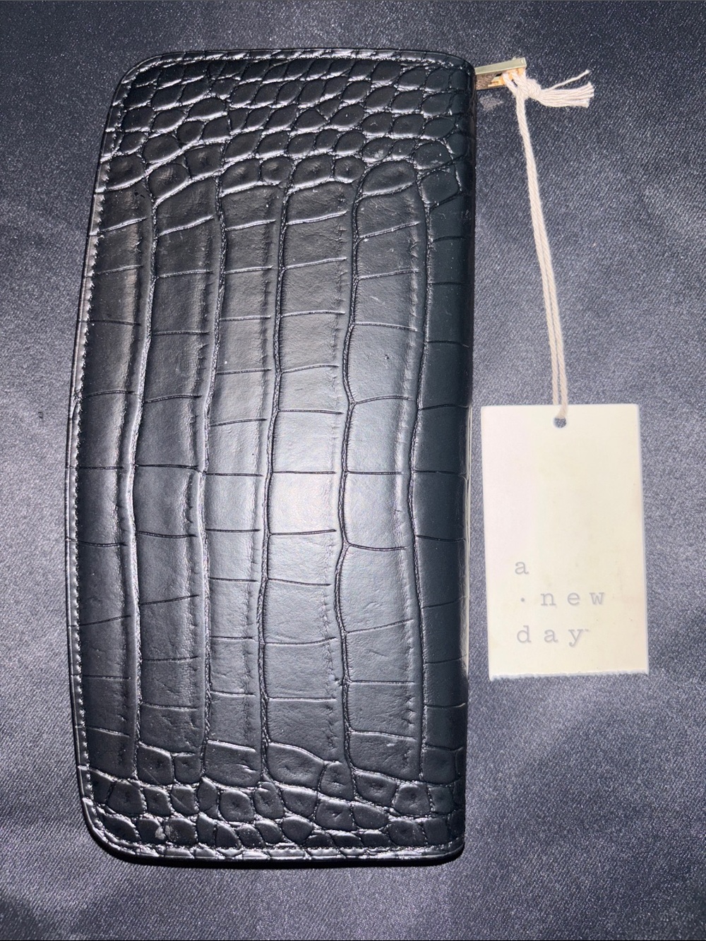 A New Day- Black Croc-Embossed Zip Wallet with Gold Hardware